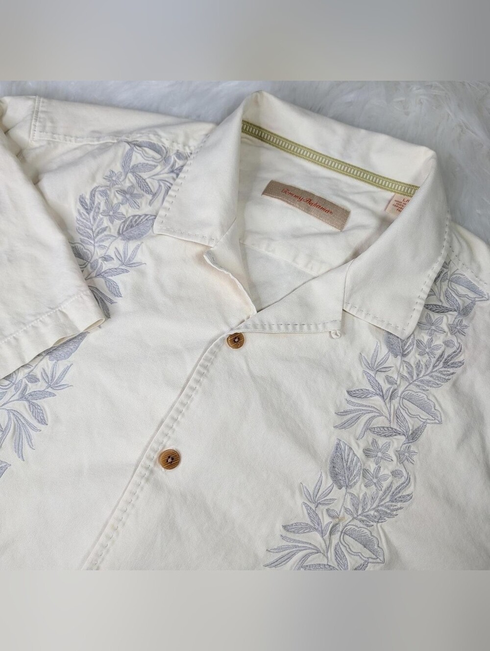 Tommy Bahama Cream Silk Embroidered Button-Down Shirt